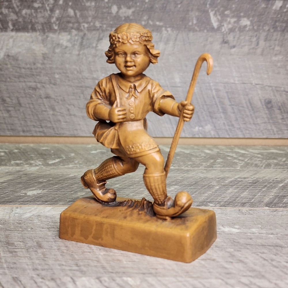 Vintage Made in West Germany Resin Figure Girl with Shepherds Hook and Bag